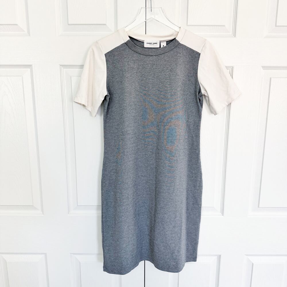 Sonnet James Quincy Dress Sheath Ponte Gray White Sleeve Minimalist Work Casual